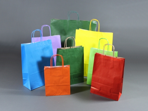 Papiertasche mit eingeklebter, gedrehter Papierkordel farbig